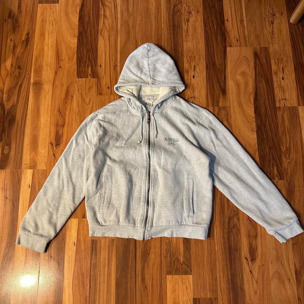 Vintage Calvin Klein Thermal Lined Gray Heavy Hoodie Y2K Warm Medium Full Zip